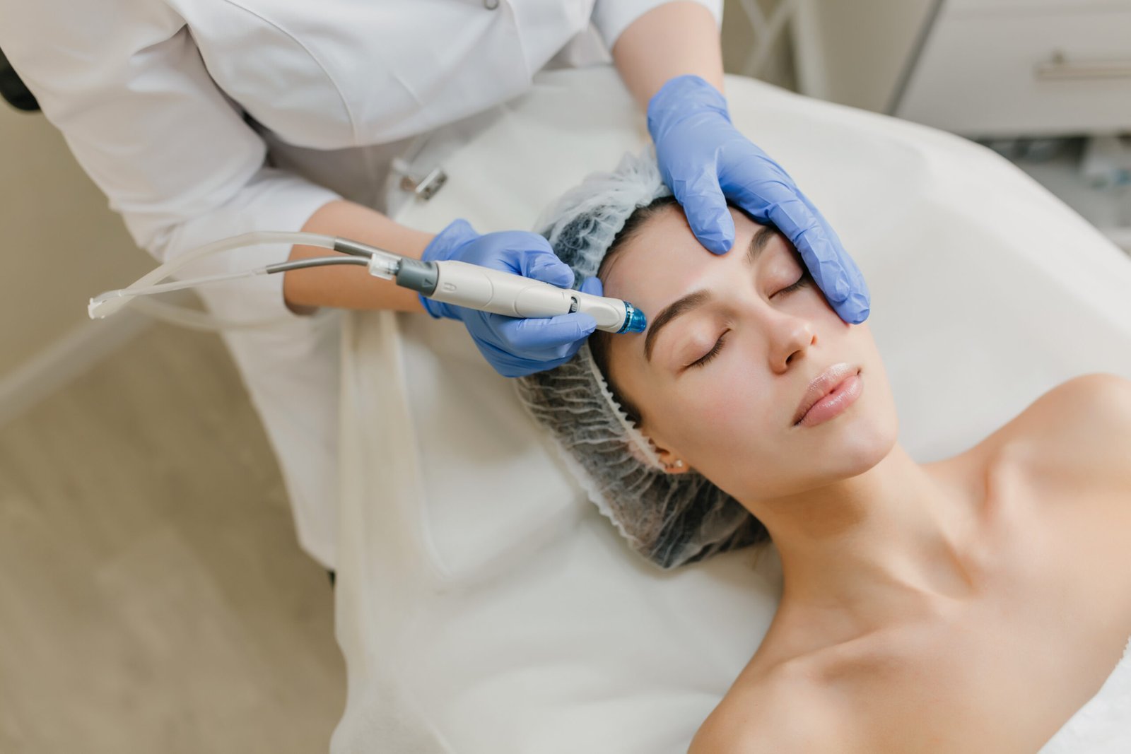 View from above rejuvenation of beautiful woman enjoying cosmetology procedures in beauty salon. Dermatology, hands in blue glows, healthcare, therapy, botox. View from above rejuvenation of beautiful woman enjoying cosmetology procedures in beauty salon. Dermatology, hands in blue glows, healthcare, therapy, botox